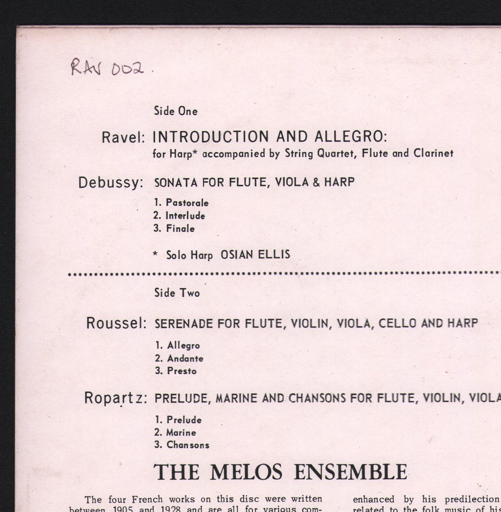 Melos Ensemble - Ravel - Introduction And Allegro / Debussy - Sonata - Lp