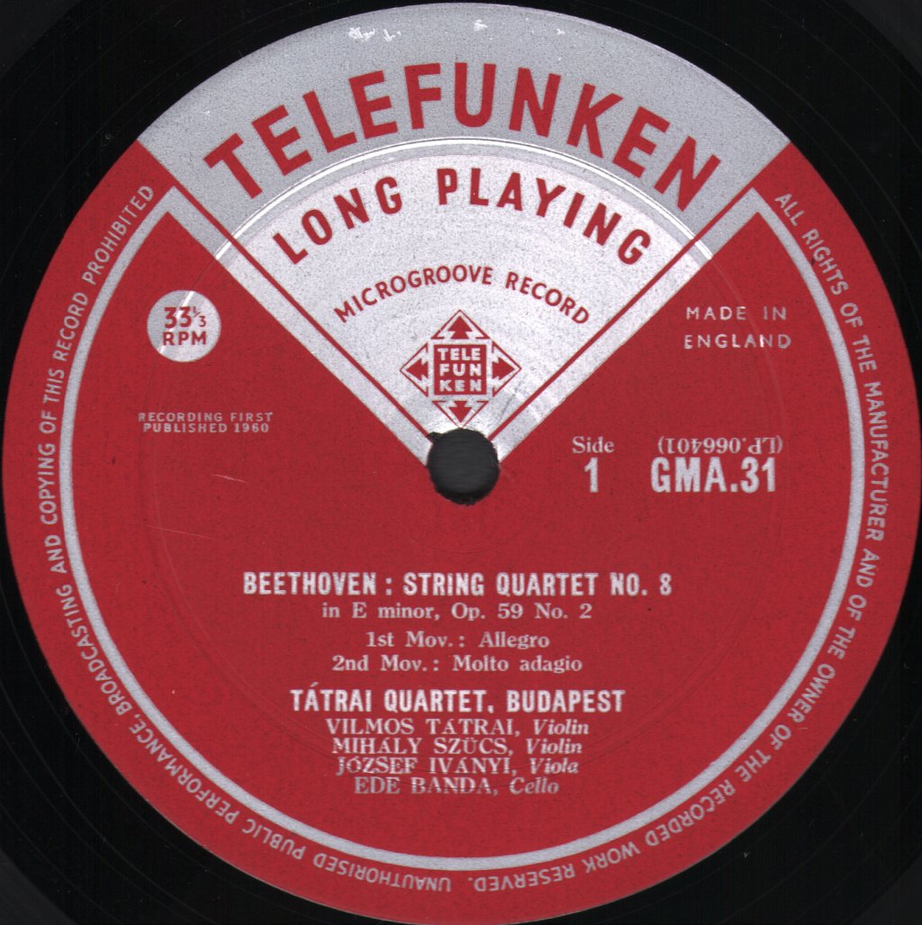 Tatrai Quartet - Beethoven - String Quartet No. 8 - Lp