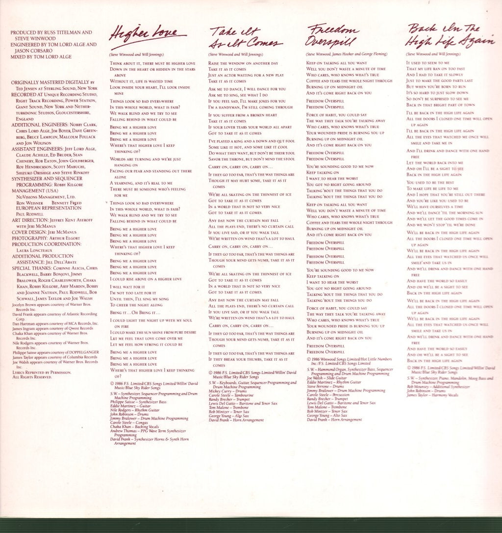 Steve Winwood - Back In The High Life - Lp