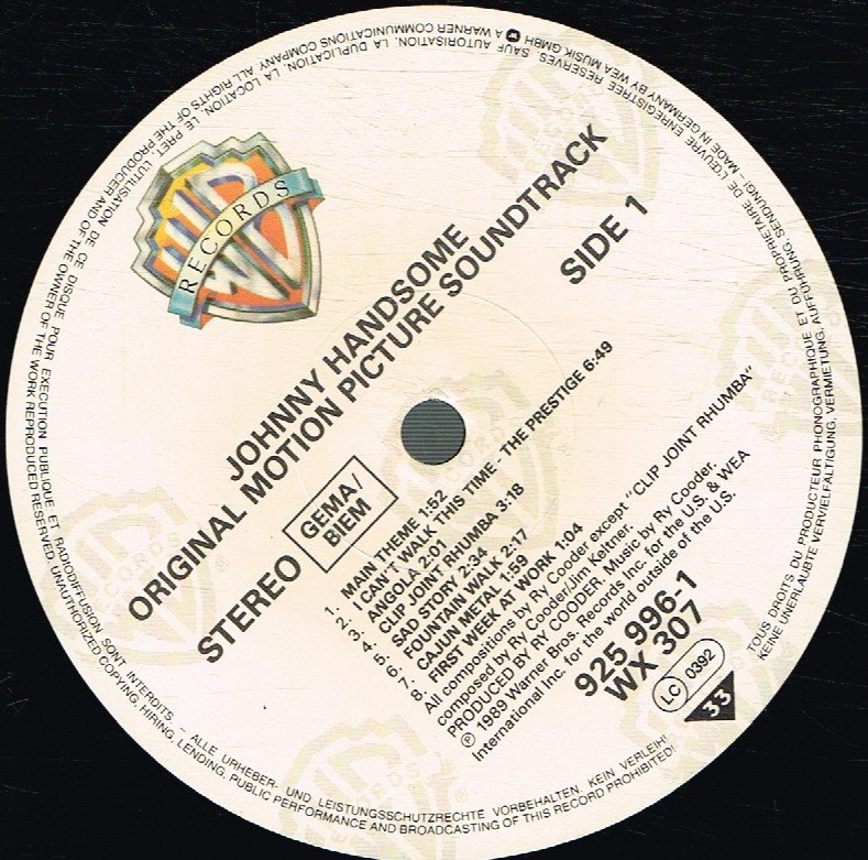 Ry Cooder - Johnny Handsome (Original Motion Picture Soundtrack) - Lp