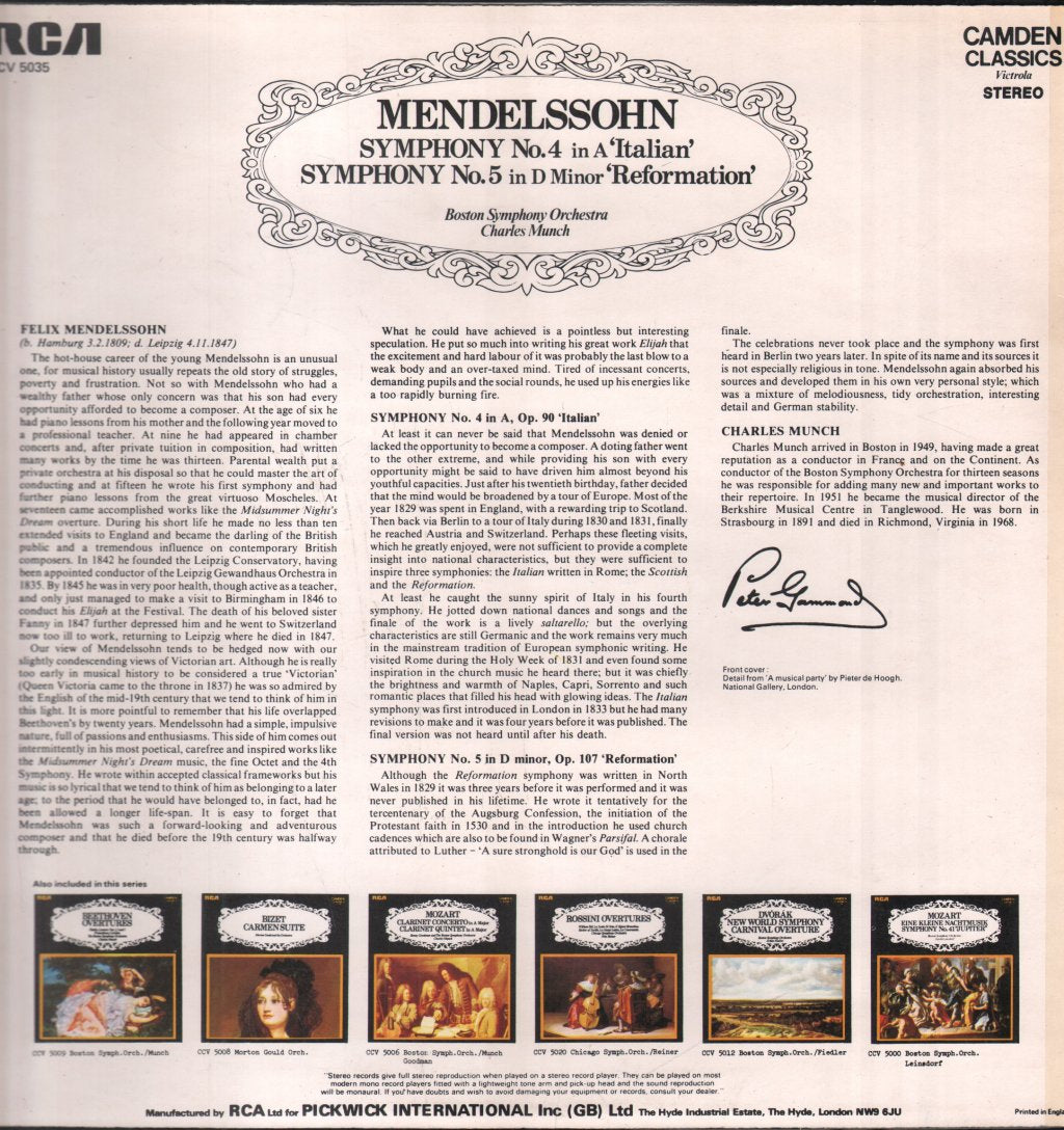 Charles Munch / Boston Symphony Orchestra - Mendelssohn - Symphony No. 4 In A 'Italian' / Symphony No. 5 In D Minor 'Reformation' - Lp