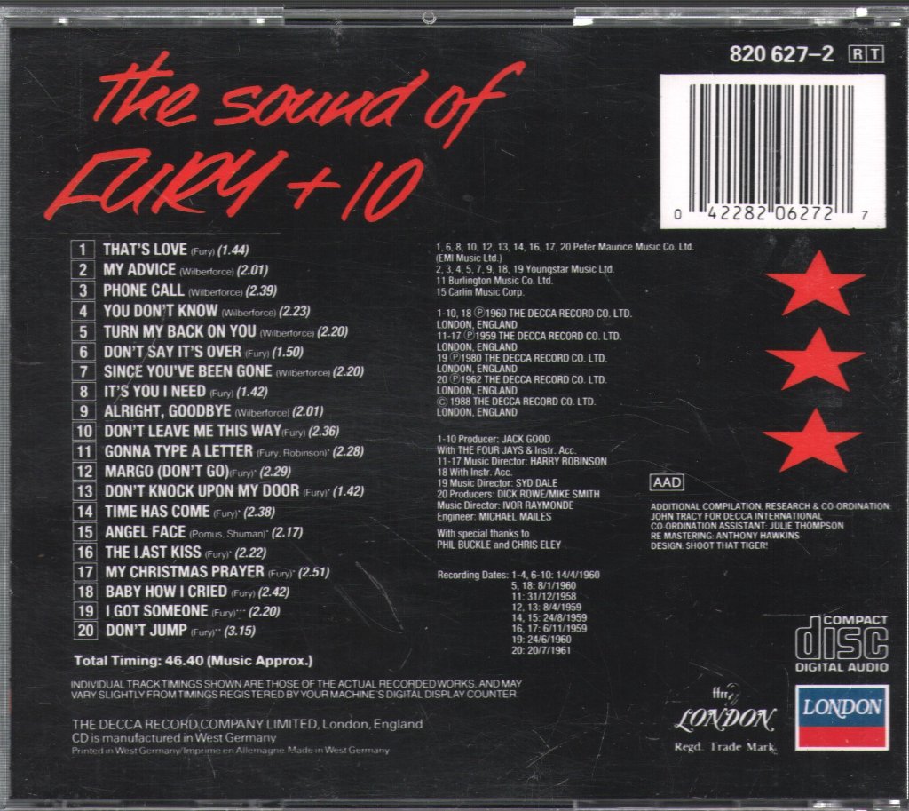 Billy Fury - Sound Of Fury + 10 - Cd