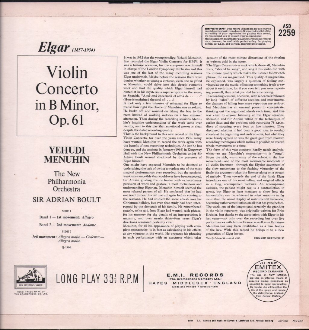 Yehudi Menuhin / Sir Adrian Boult / New Philharmonia Orchestra - Elgar - Violin Concerto In B Minor, Op. 61 - Lp