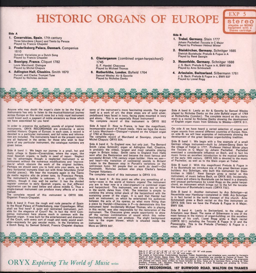 Various Artists - Historic Organs Of Europe - Lp