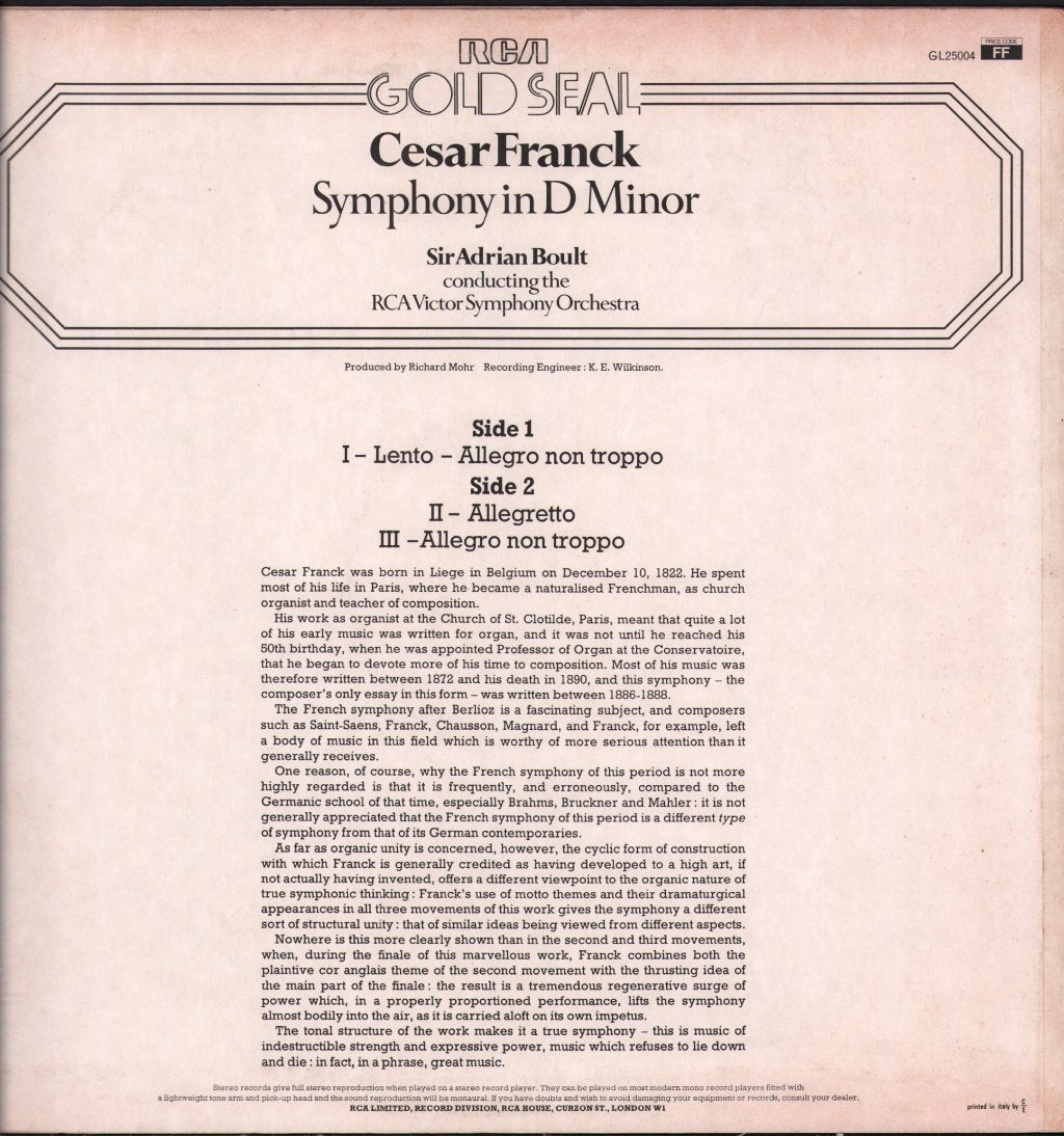 Sir Adrian Boult / RCA Victor Symphony Orchestra - Franck - Symphony In D Minor - Lp