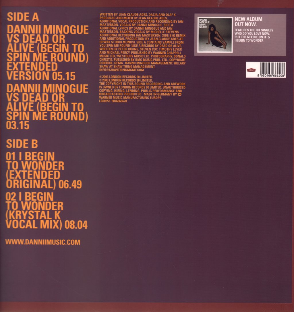 Dannii Minogue Vs. Dead Or Alive - Begin To Spin Me Round - 12 Inch