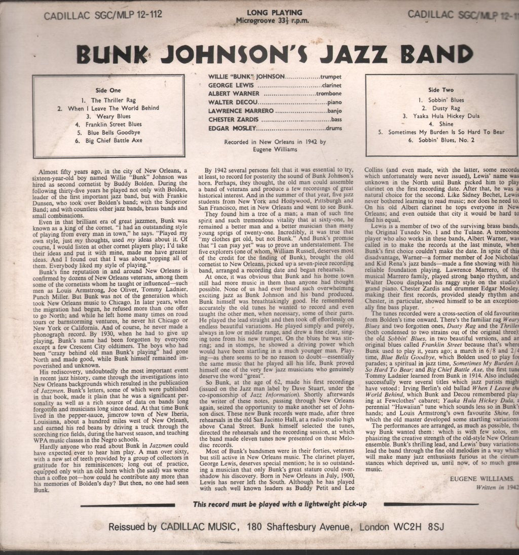Bunk Johnson And His New Orleans Jazz Band - Bunk Johnson's Jazz Band - Lp