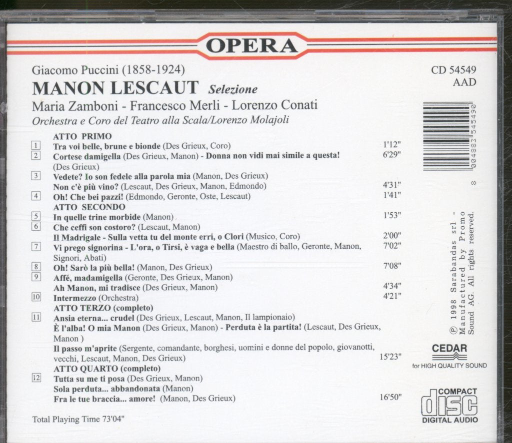 Maria Zamboni, Francesco Merli, Lorenzo Conati - Puccini - Manon Lescaut Selzione - Cd