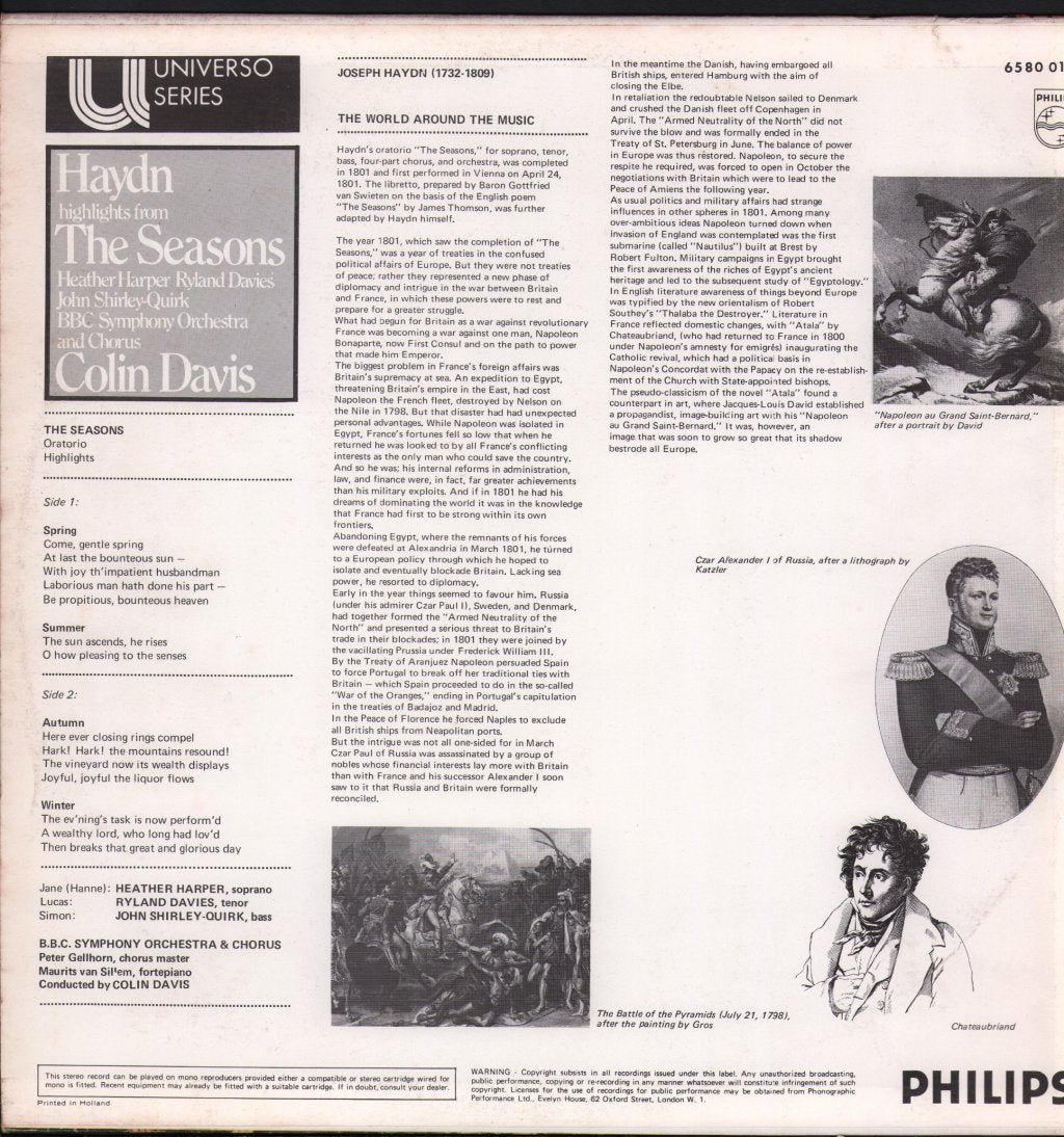 Colin Davis / Heather Harper / Ryland Davies / John Shirley-Quirk / BBC Symphony Orchestra - Haydn - Highlights from The Seasons - Lp