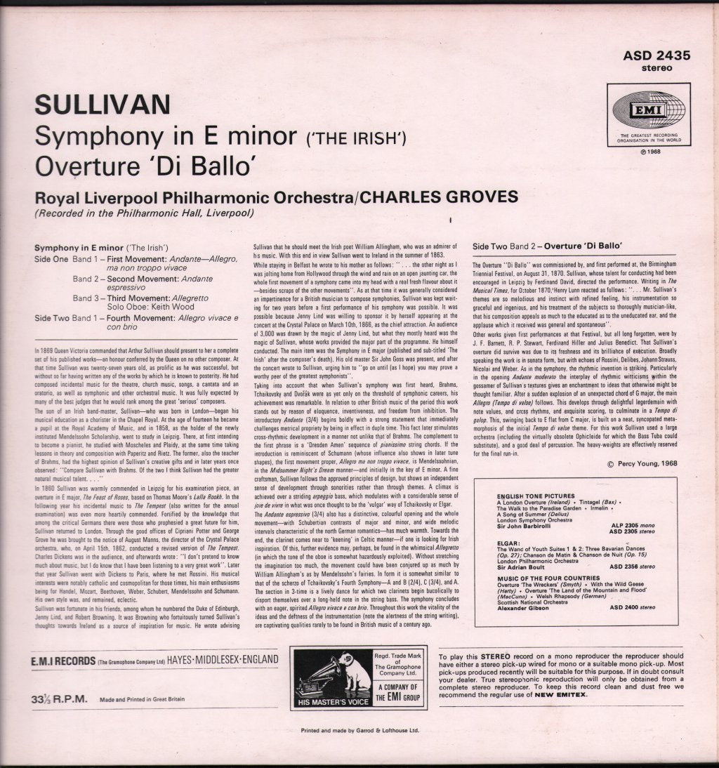 Charles Groves / Royal Liverpool Philharmonic Orchestra - Sullivan - Irish Symphony / Overture Di Ballo - Lp