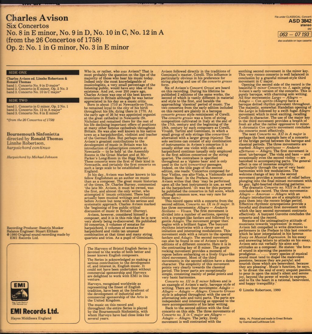 Bournemouth Sinfonietta - Charles Avison - Six Concertos - Lp
