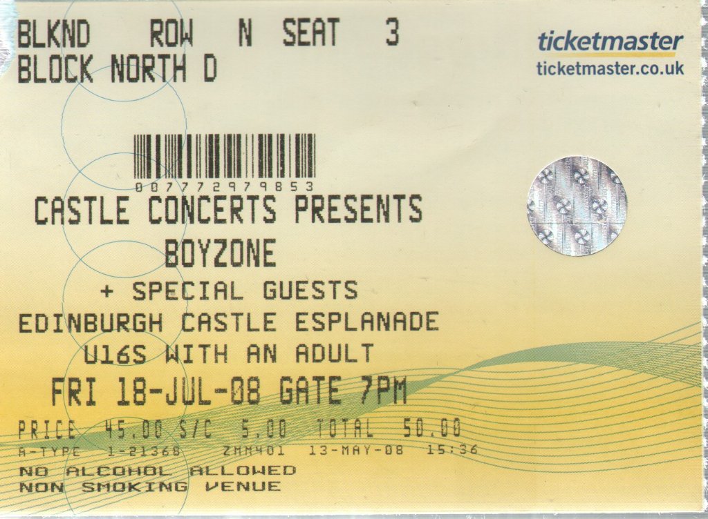 Boyzone (Boy Band) - Edinburgh Castle 18 July 2008 - Ticket