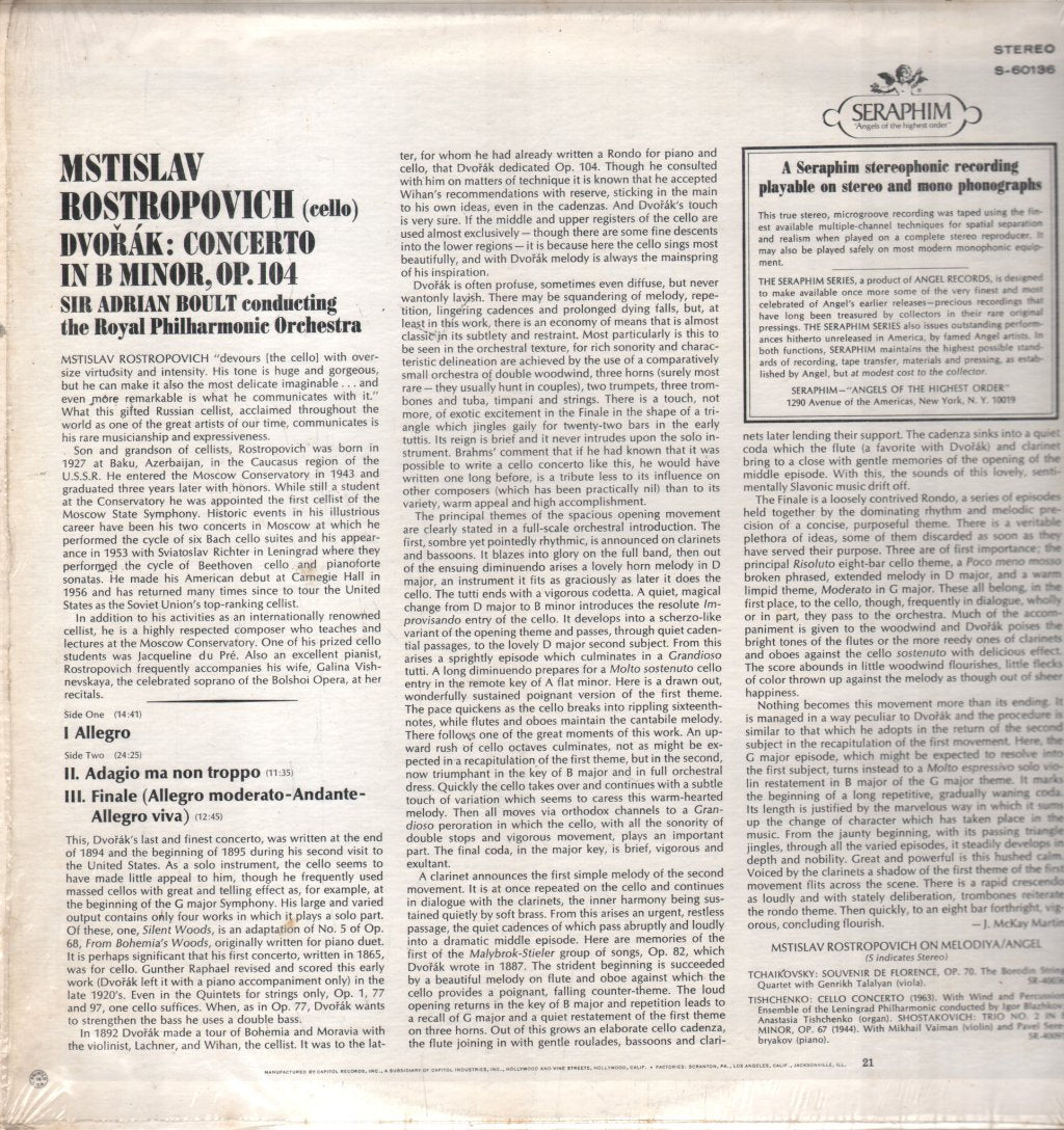 Mstislav Rostropovich / Sir Adrian Boult / Royal Philharmonic Orchestra - Dvorak - Concerto In B Minor - Lp