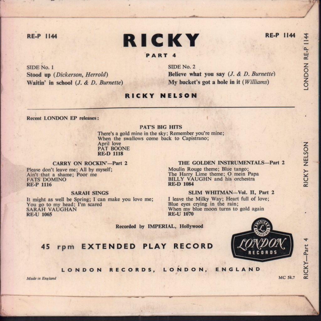 Ricky Nelson - Ricky Part 4 - 7 Inch
