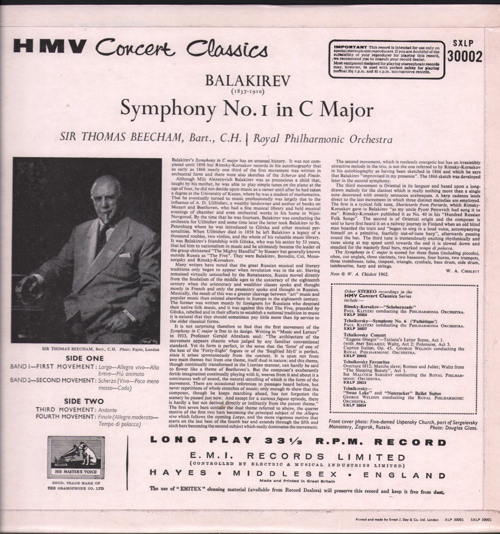 Sir Thomas Beecham / Royal Philharmonic Orchestra - Balakirev - Symphony No.1 In C Major - Lp