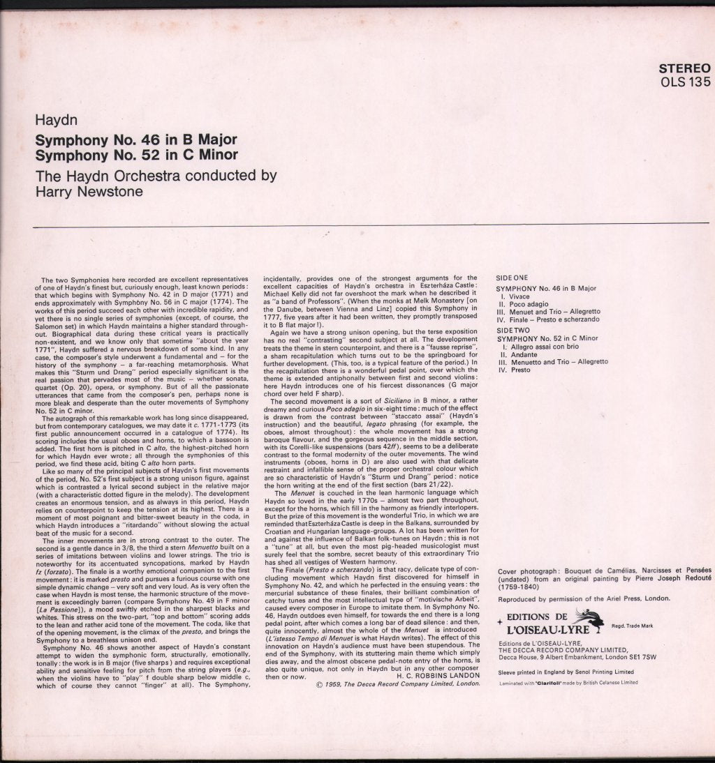 Haydn Orchestra / Harry Newstone - Haydn - Symphony No. 46 In B Major / Symphony No. 52 In C Minor - Lp