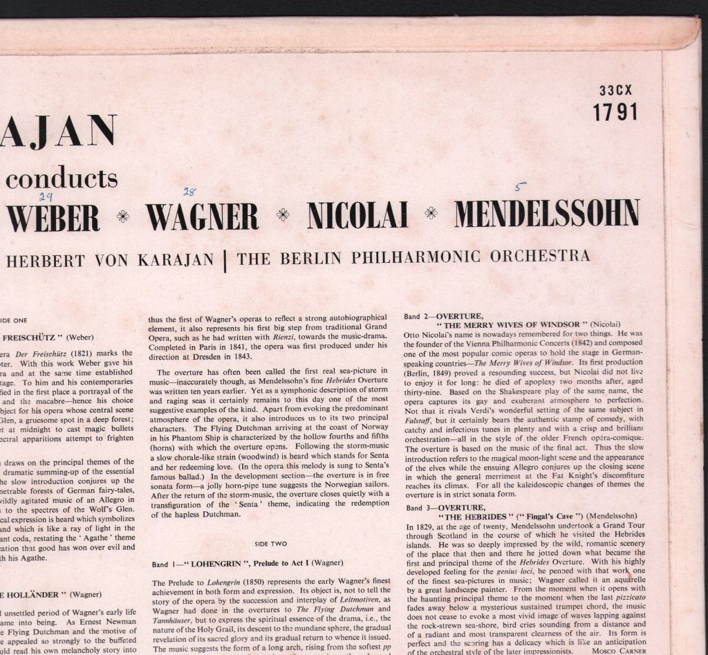 Herbert Von Karajan / Berlin Philharmonic Orchestra - Weber / Wagner / Nicolai / Mendelssohn Overtures - Lp