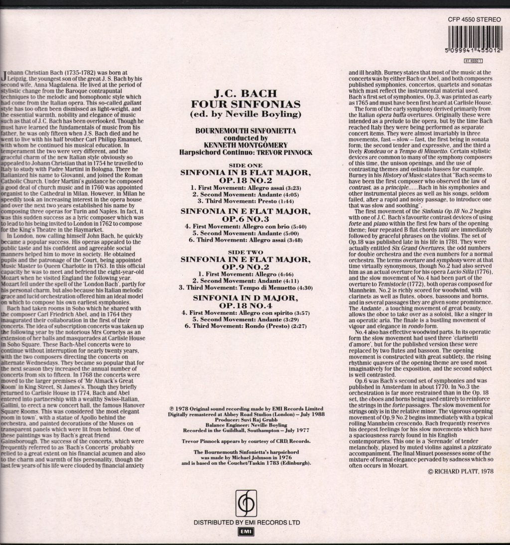 Bournemouth Sinfonietta / Kenneth Montgomery - J.C. Bach - Sinfonias - Lp
