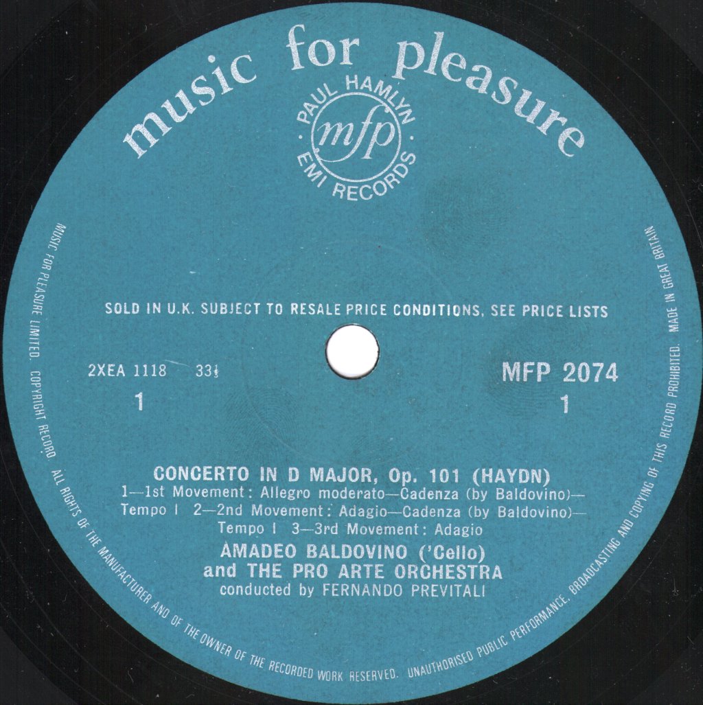 Amadeo Baldovino / Pro Arte Orchestra - Haydn - Cello Concerto in D Major, Opus 101 / Boccherini - Cello Concerto in B Flat Major - Lp