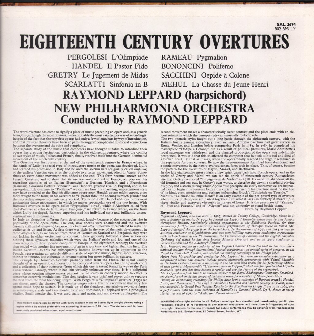 Raymond Leppard / New Philharmonia Orchestra - Eighteenth Century Overtures - Lp