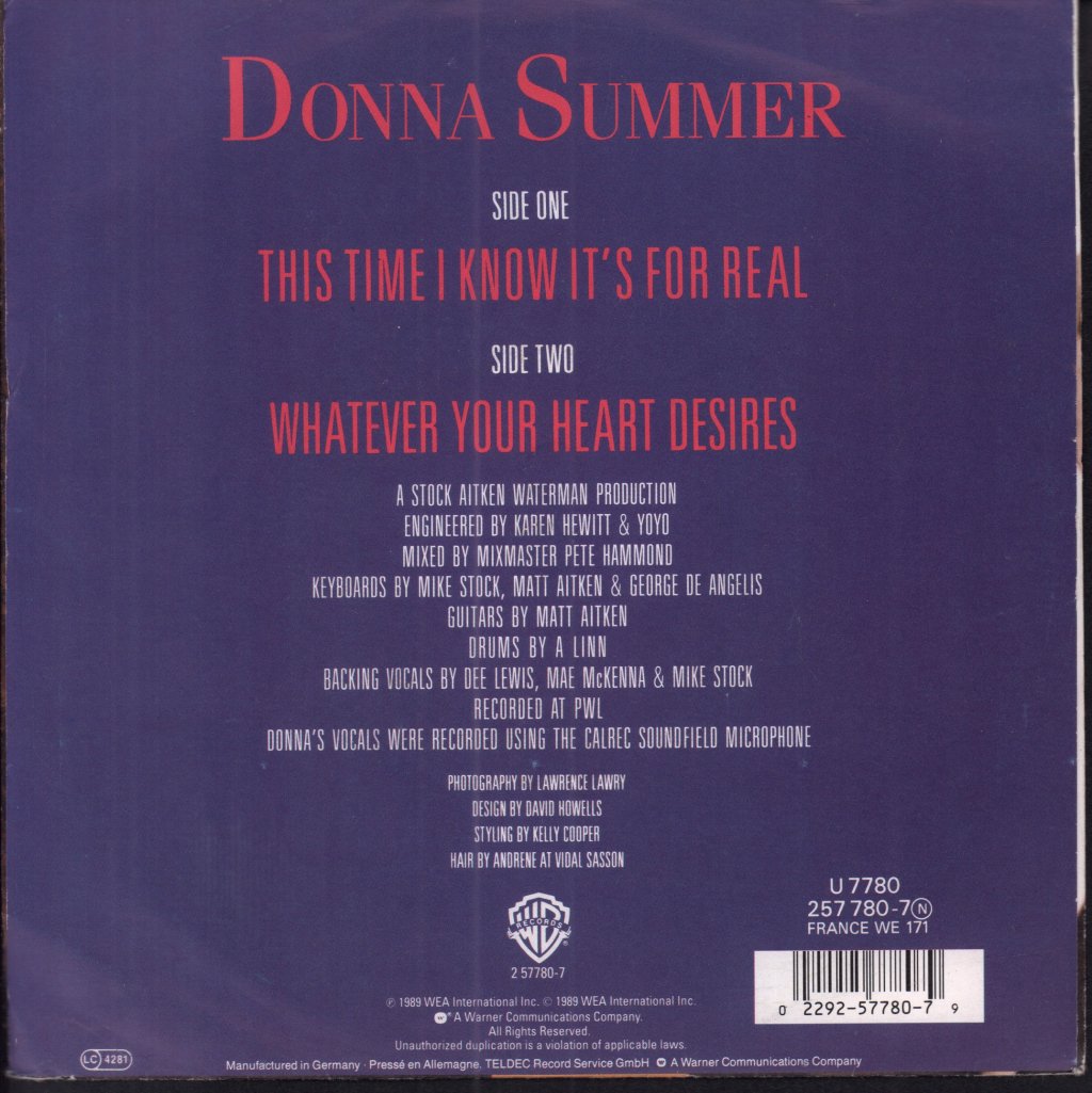 Donna Summer - This Time I Know It's For Real - 7 Inch