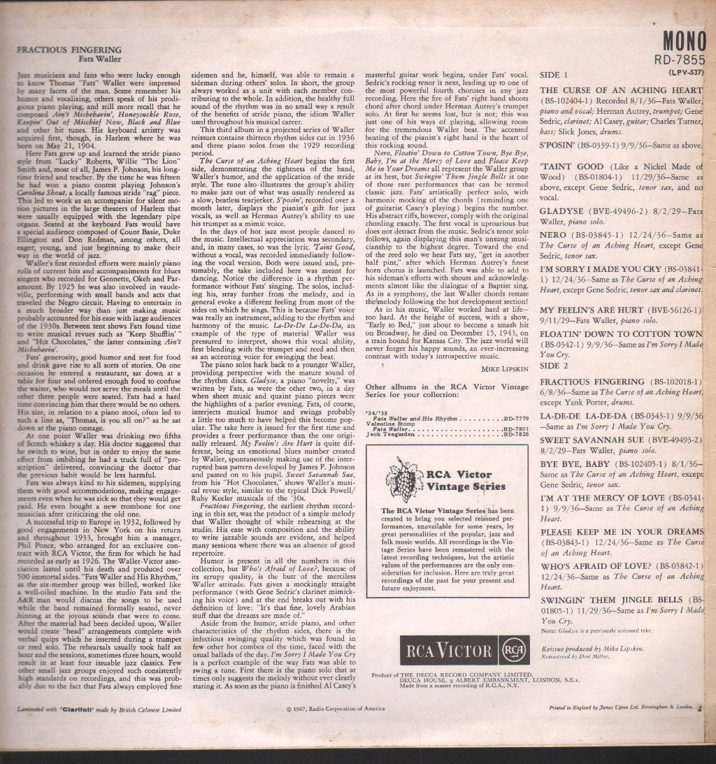 Fats Waller - Fractious Fingering - Lp