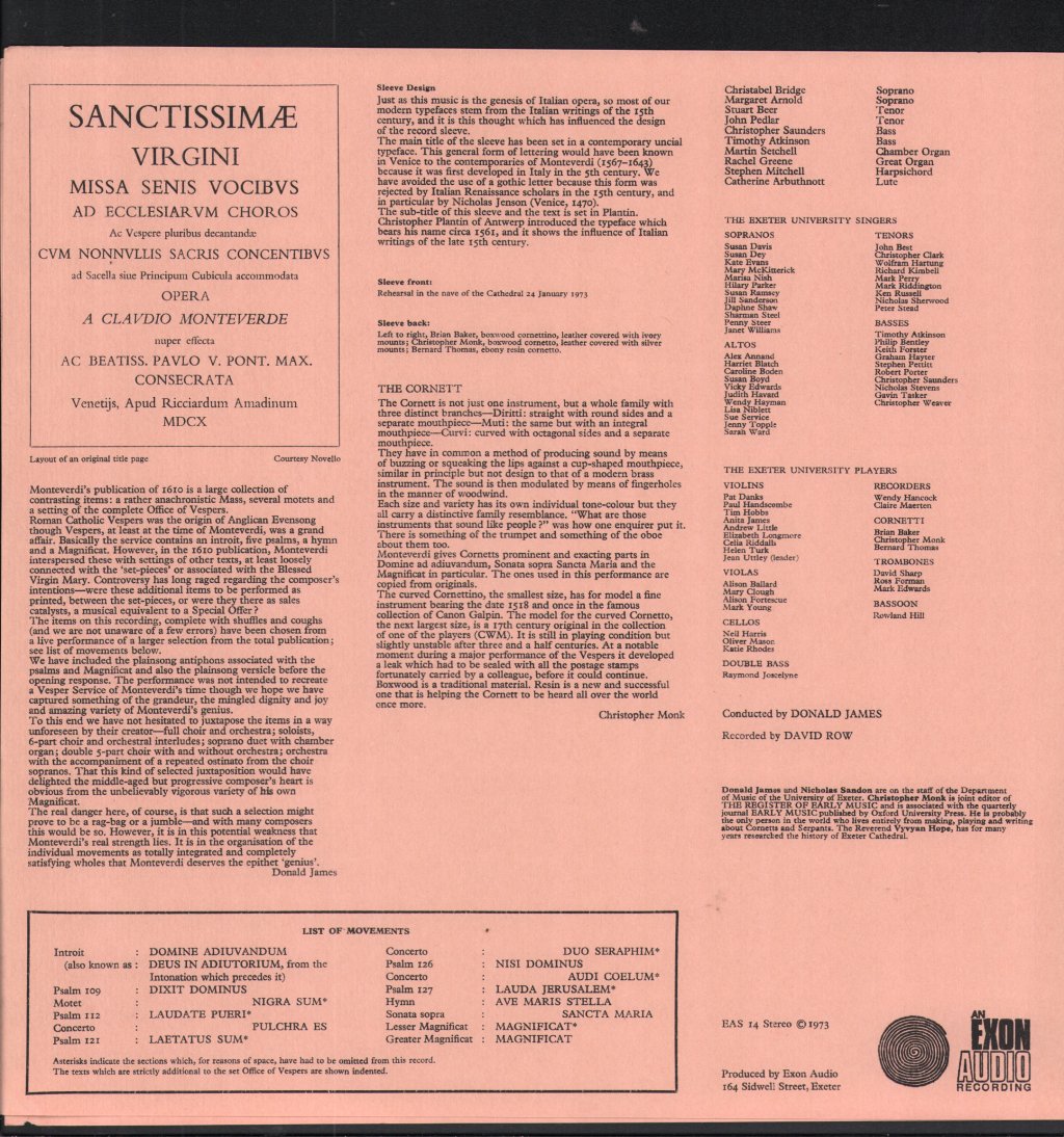 Exeter University Singers and Players / Donald James - Monteverdi Vespers 1610 - Lp