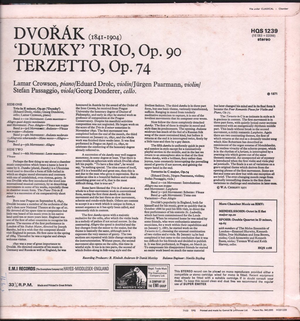 Lamar Crowson / Eduard Drolc / Jürgen Paarmann / Stefano Passaggio / Georg Donderer - Dvorak 'Dumky' Trio, Op.90 / Terzetto, Op.74 - Lp