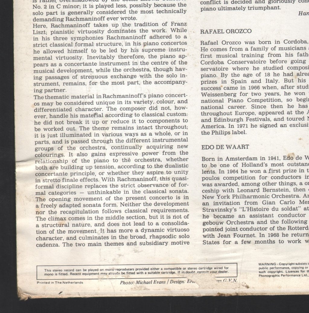 Rafael Orozco / Royal Philharmonic Orchestra / Edo de Waart - Rachmaninoff - Piano Concerto No.3 - Lp