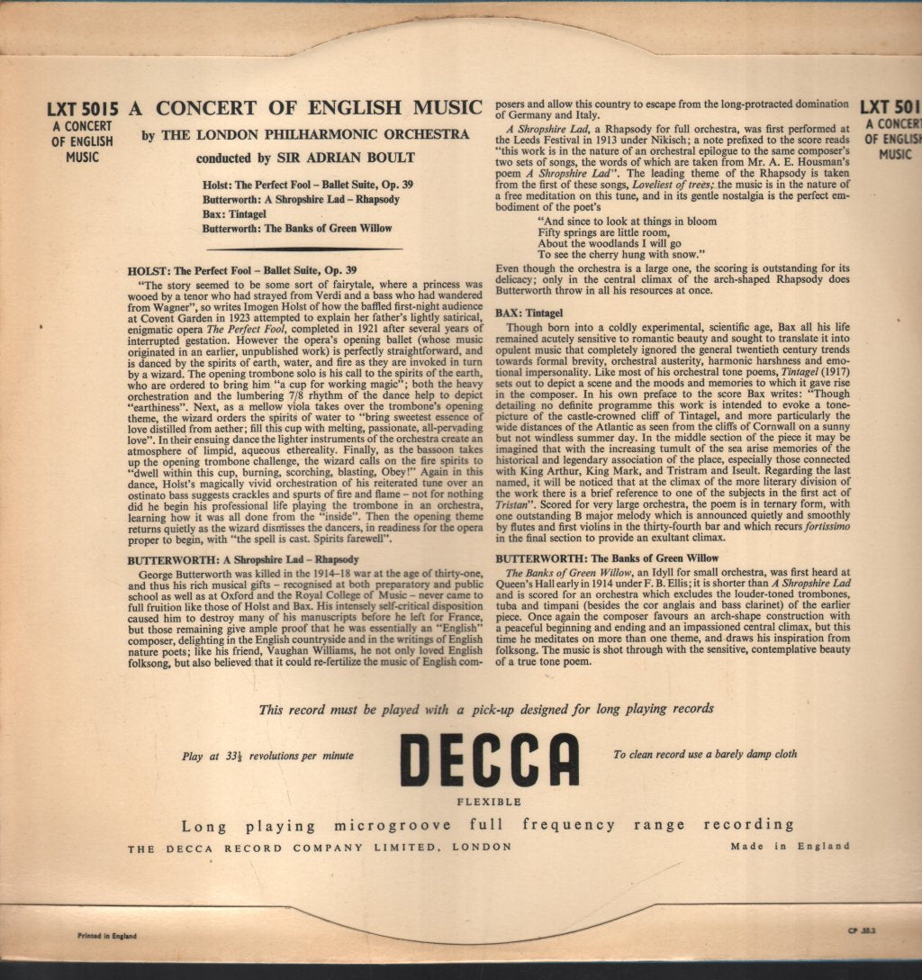 Sir Adrian Boult / London Philharmonic Orchestra - A Concert Of English Music - Lp