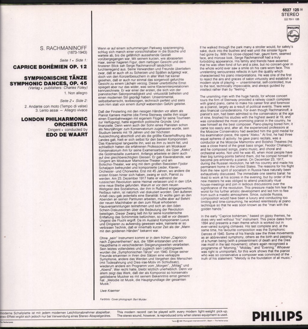 Edo de Waart / London Philharmonic Orchestra - Rachmaninoff - Symphonic Dances, Caprice Bohemien - Lp