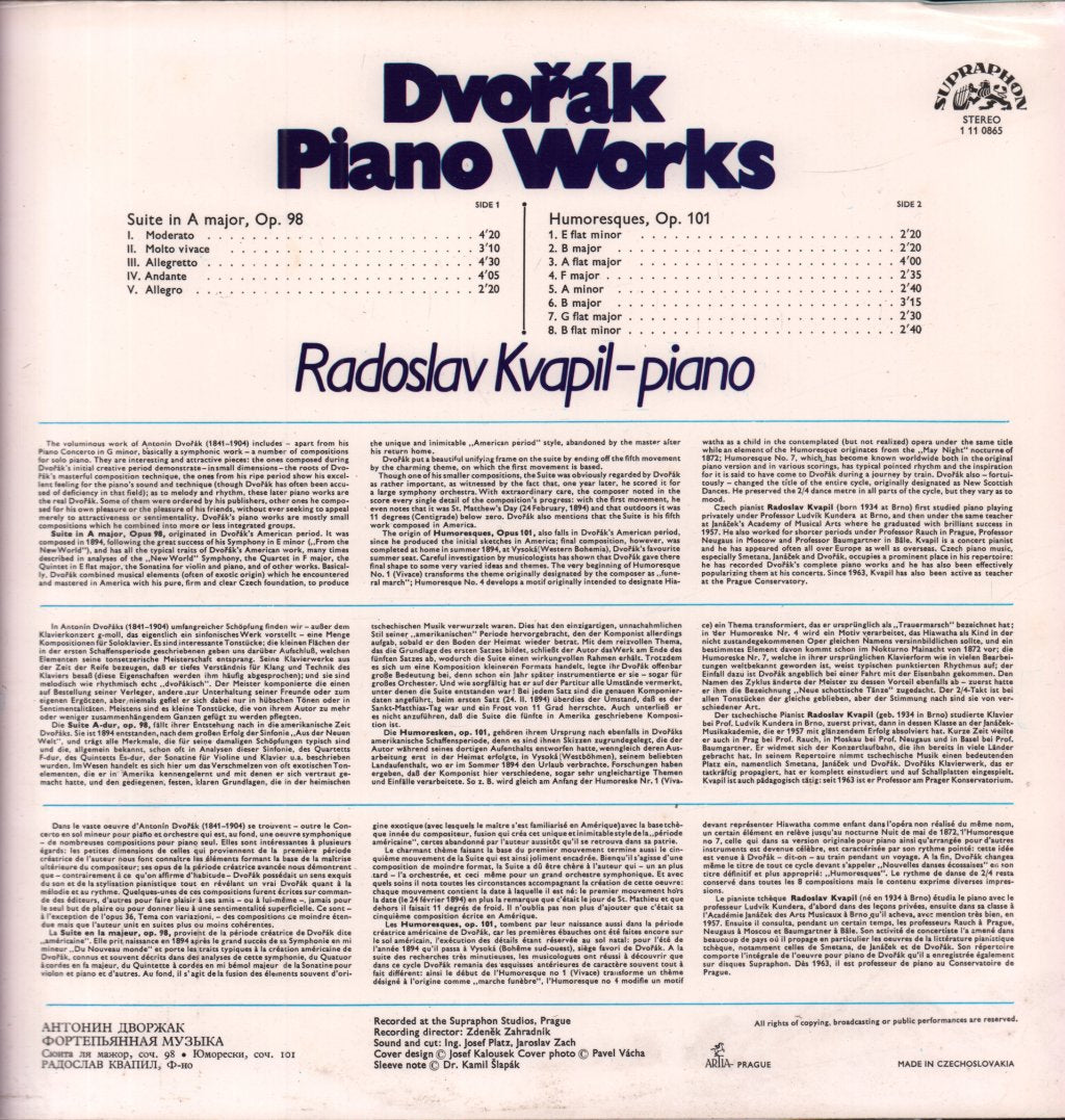 Radoslav Kvapil - Dvorak Piano Works - Lp