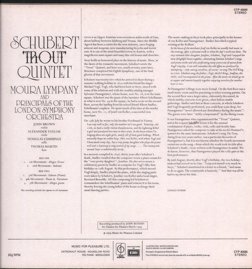 Moura Lympany / Principals Of The London Symphony Orchestra - Schubert Trout Quintet - Lp