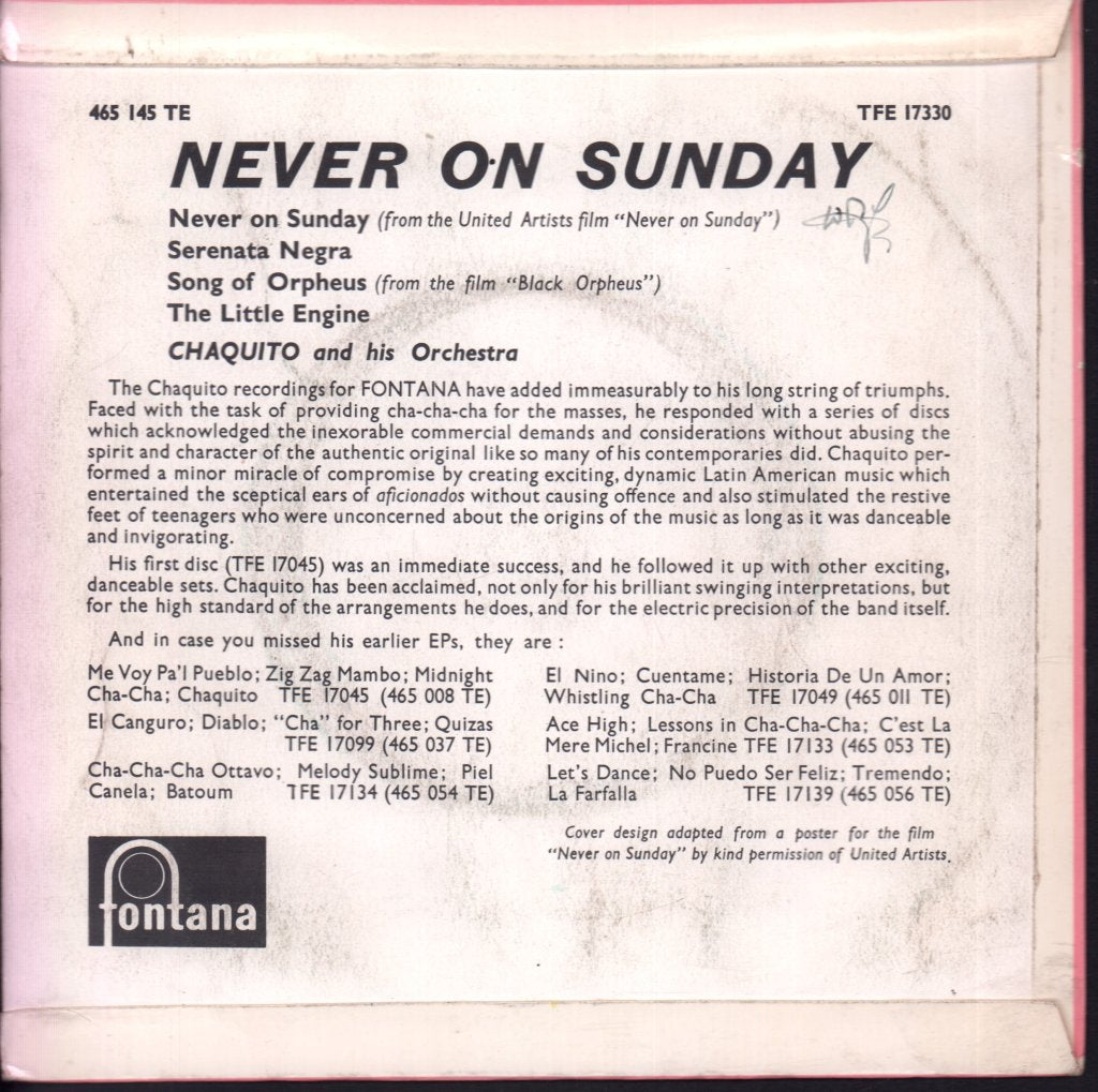 Chaquito And His Orchestra - Never On Sunday - 7 Inch