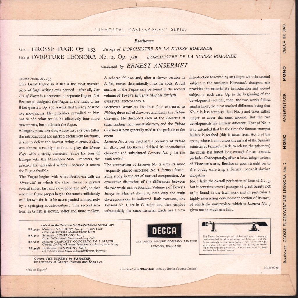 L'Orchestre De La Suisse Romande - beethoven Grosse Fuge / 'Leonora' No.2 Overture - 10 Inch