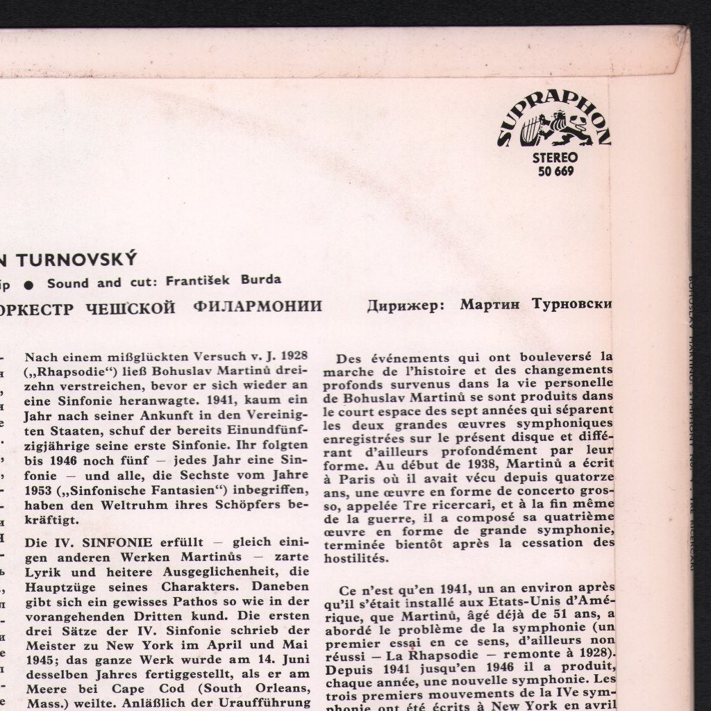 Czech Philharmonic Orchestra / Martin Turnovský - Martinu - Symphony No. 4 / Tre Ricercari - Lp