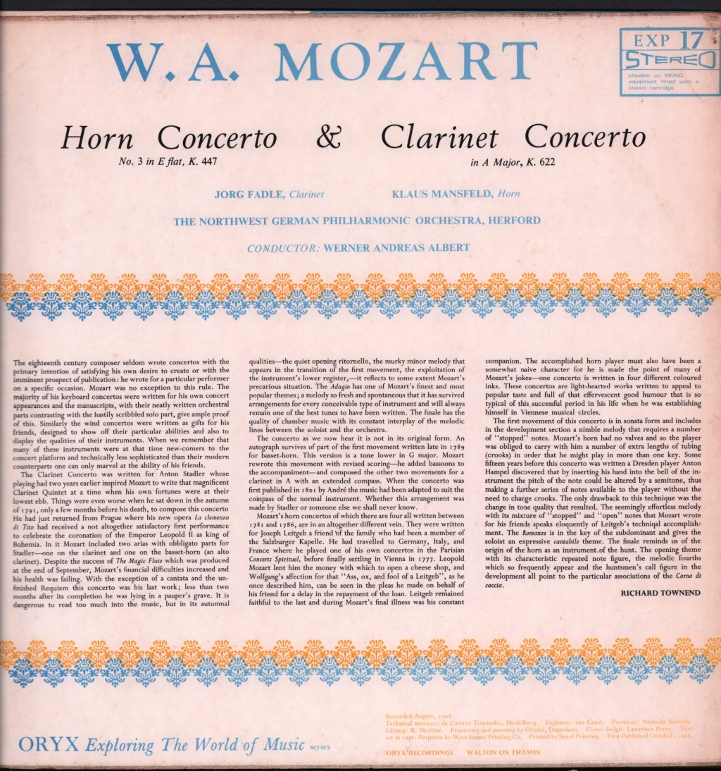 Northwest German Philharmonic / Jorg Fadle / Klaus Mansfield - W.A. Mozart - Horn Concerto No. 3 In E Flat, K.447 & Clarinet Concerto In A Major, K.622 - Lp