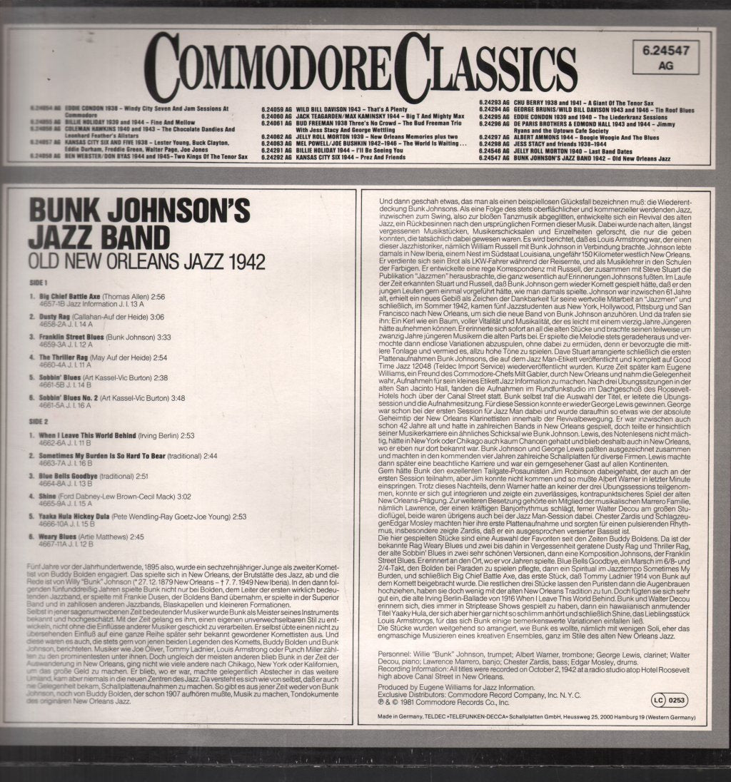 Bunk Johnson And His New Orleans Jazz Band - 1942 Old New Orleans Jazz - Lp