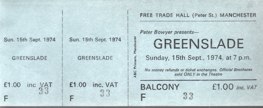Greenslade - Free Trade Hall Manchester 15Th Sept 1974 - Ticket