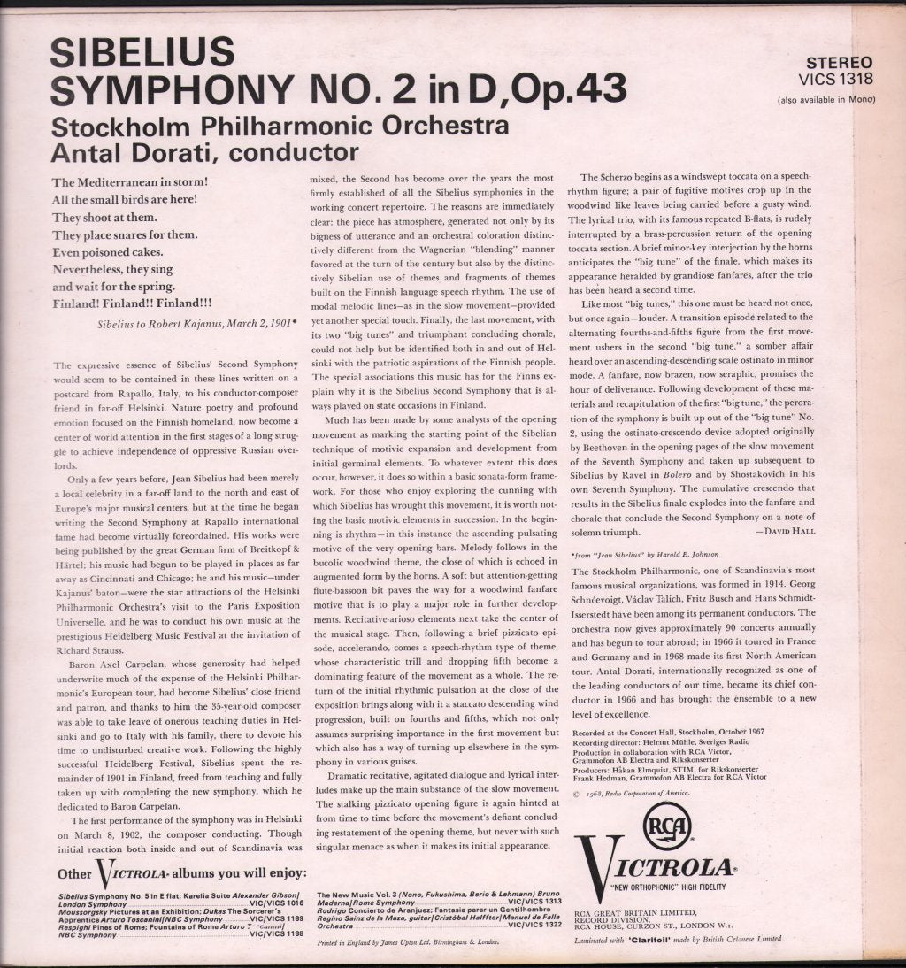 Antal Dorati / Stockholm Philharmonic Orchestra - Sibelius - Symphony No. 2 - Lp