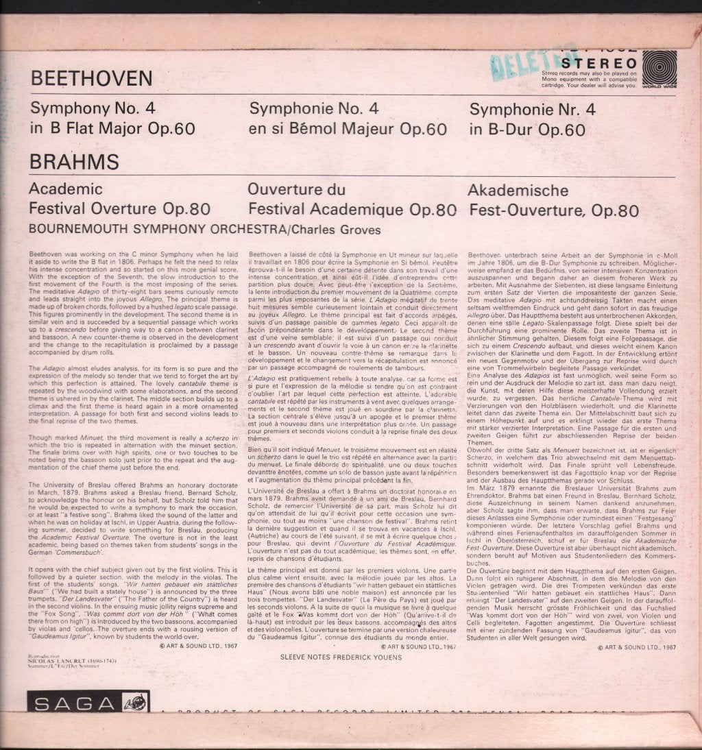 Bournemouth Symphony Orchestra / Charles Groves - Brahms - Academic Festival Overture / Beethoven - Lp
