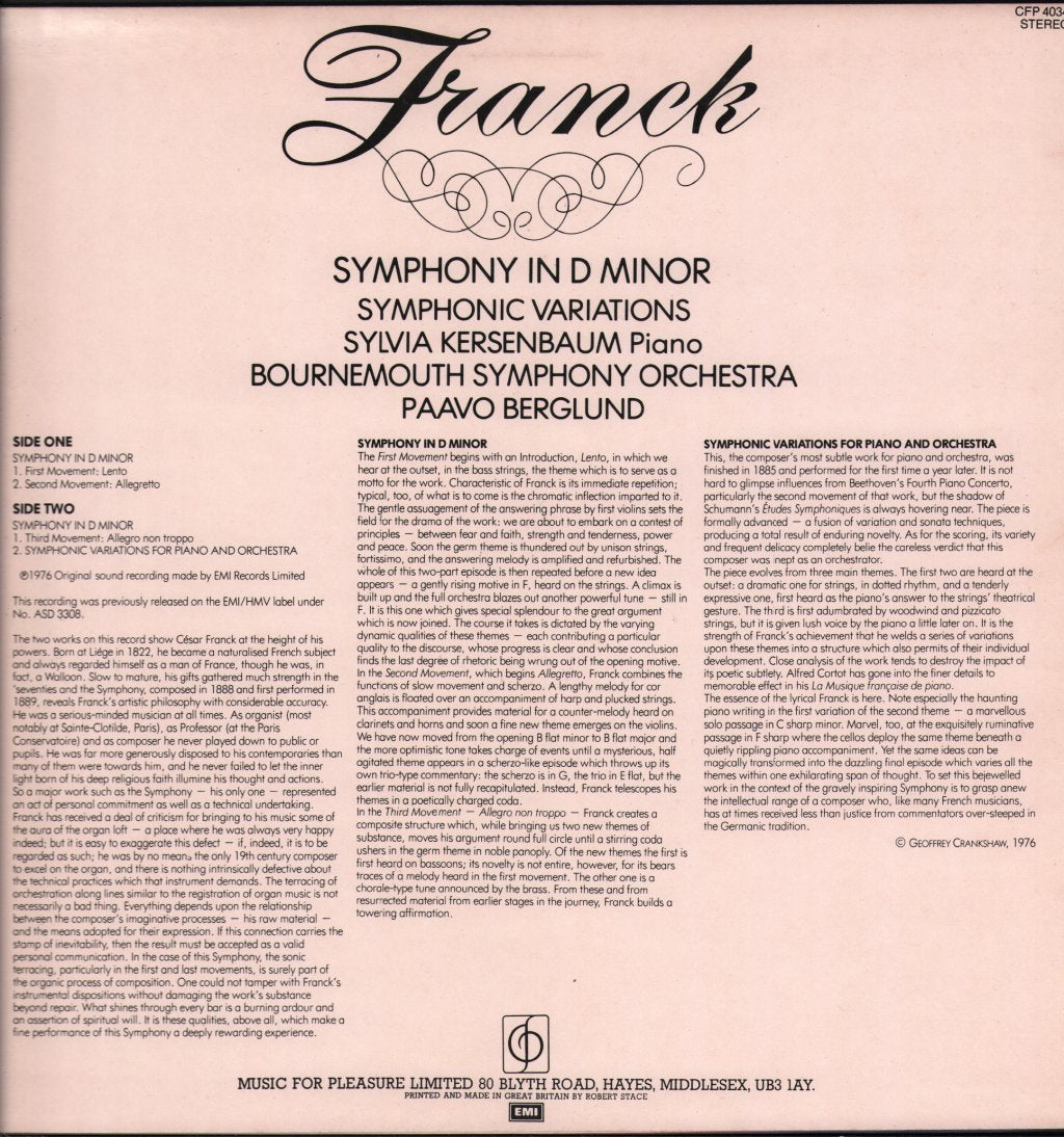 Sylvia Kersenbaum / Bournemouth Symphony Orchestra - Franck - Symphony In D Minor / Symphonic Variations - Lp
