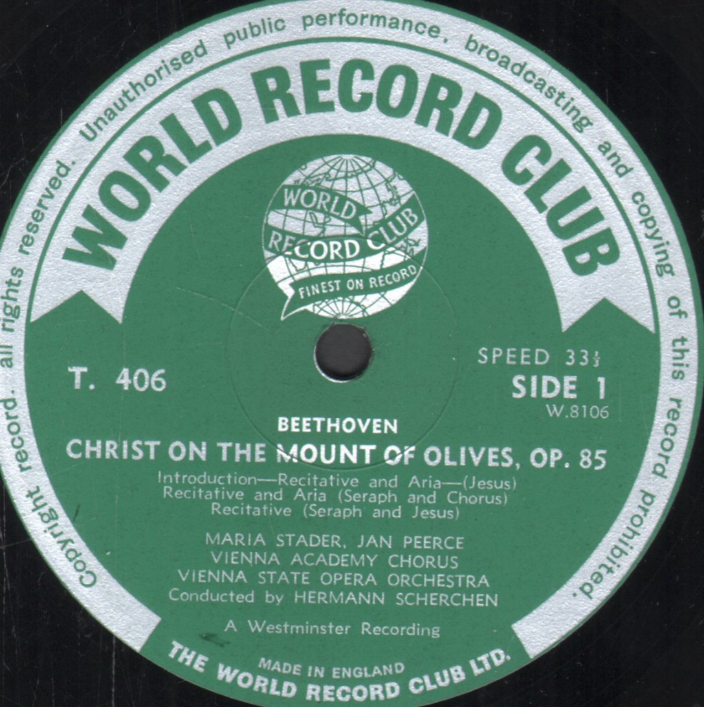 Jan Peerce / Maria Stader / Vienna State Opera Orchestra / Hermann Scherchen - Beethoven - Christ On The Mount Of Olives - Lp