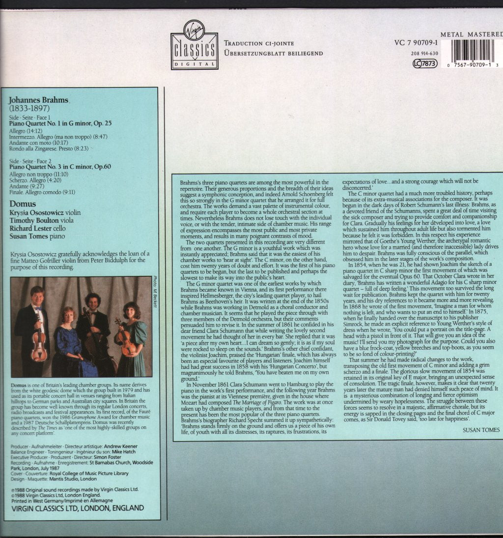 Domus - Brahms - Klavierquartett Nr. 1 G-Moll Op. 25 / Klavierquartett Nr. 3 C-Moll Op. 60 - Lp