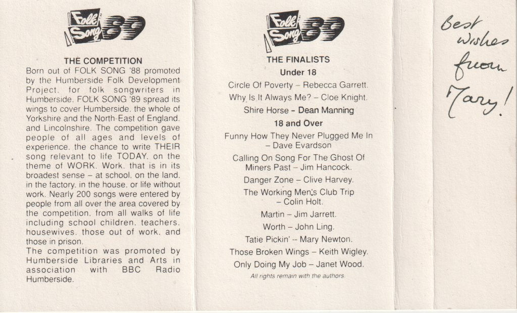 Various Artists - Folk Song 89 Great Northern Folk Songwriting Competition - Cassette