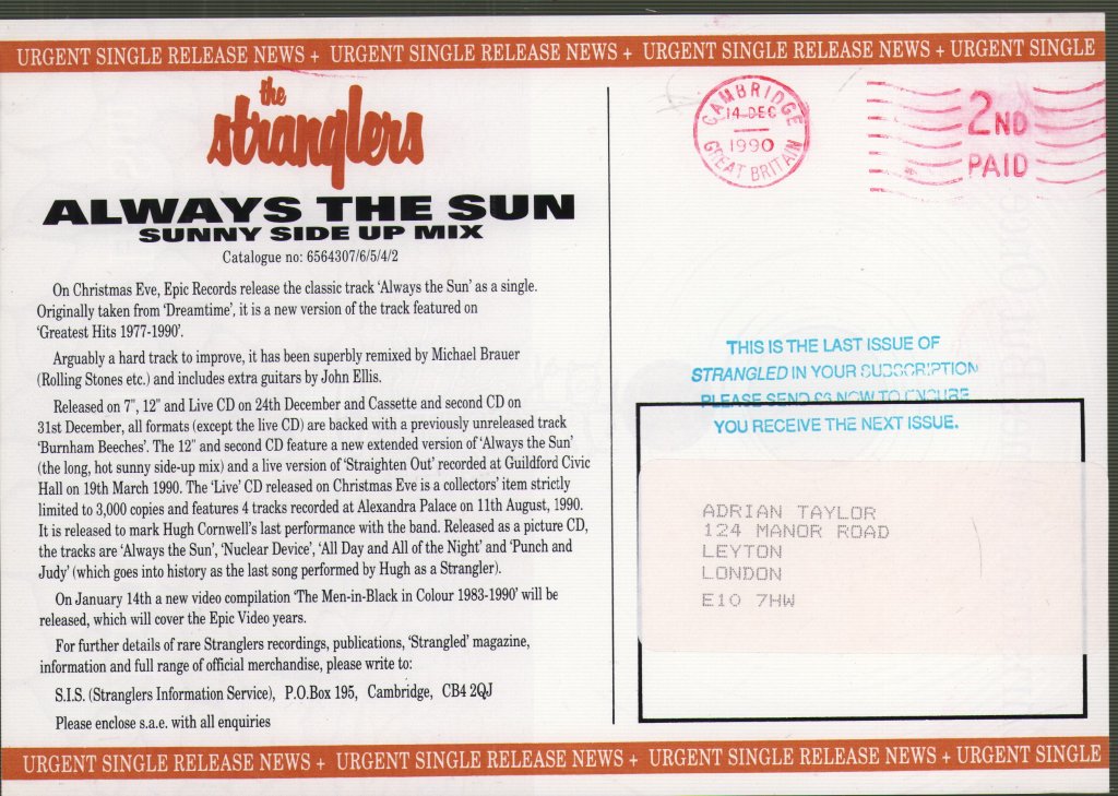 Stranglers - Set of 3 SIS fanclub postcards - Card