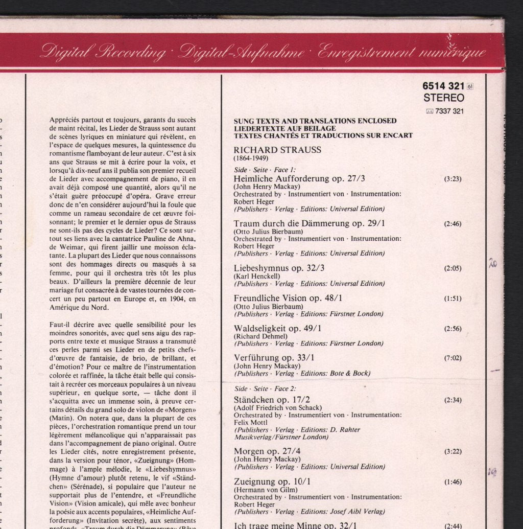 Siegfried Jerusalem / Kurt Masur / Gewandhausorchester Leipzig - Richard Strauss Orchestral Songs - Lp