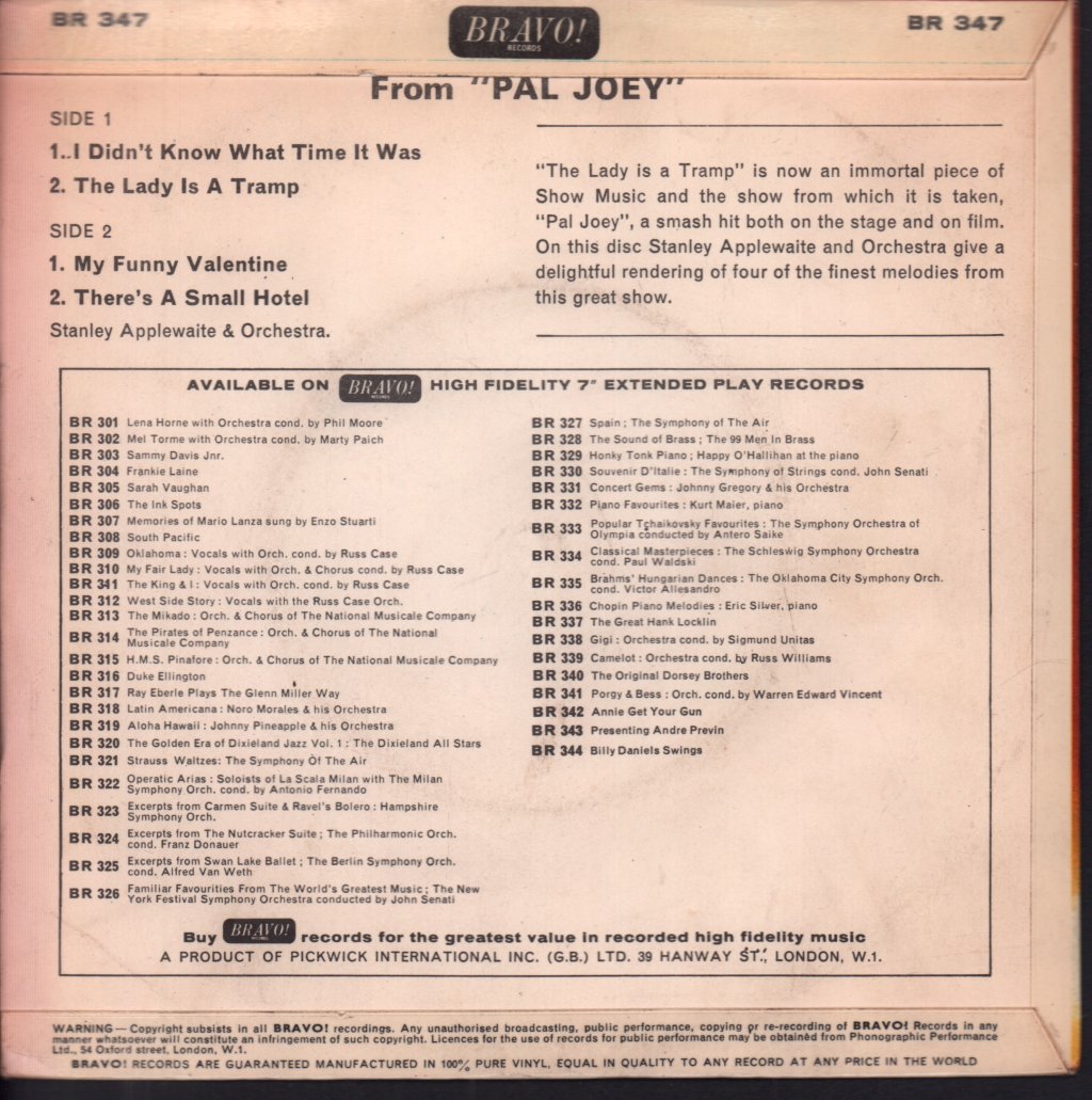 Stanley Applewaite & Orchestra - Pal Joey - 7 Inch