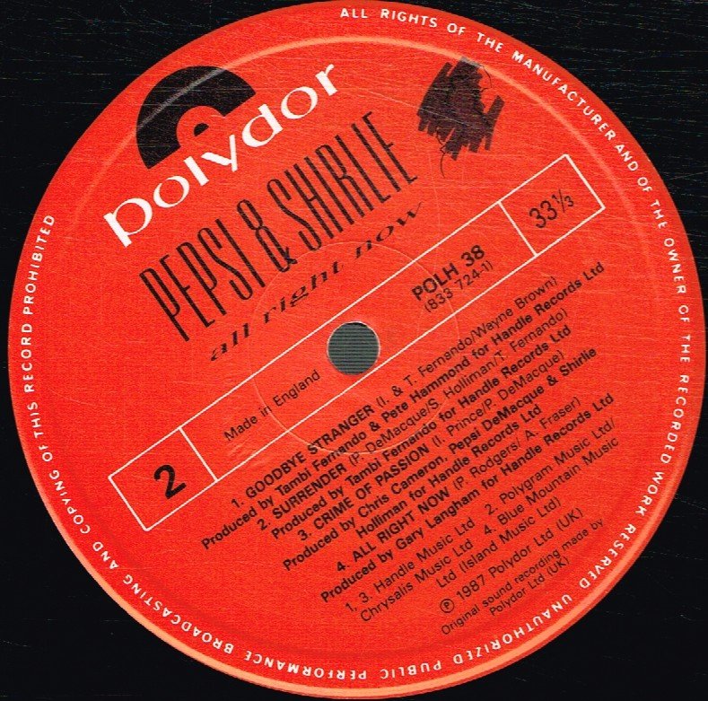 Pepsi And Shirlie - All Right Now - Lp