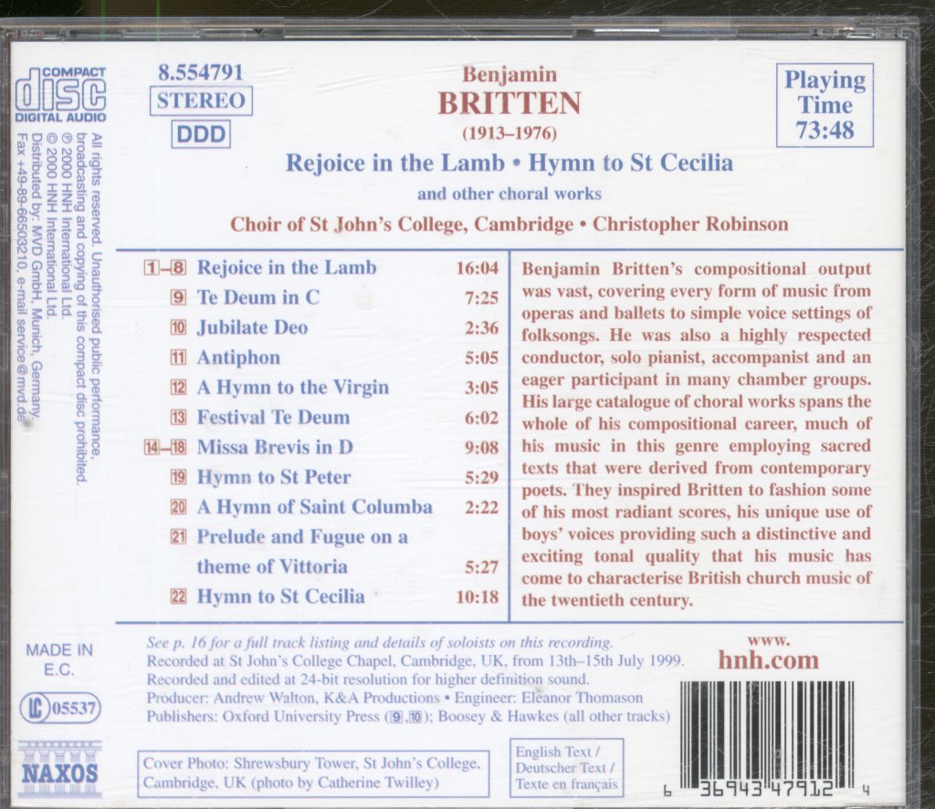 Choir Of St John's College, Cambridge • Christopher Robinson - Britten - Rejoice In The Lamb • Hymn To St Cecilia • Missa Brevis (And Other Choral Works) - Cd